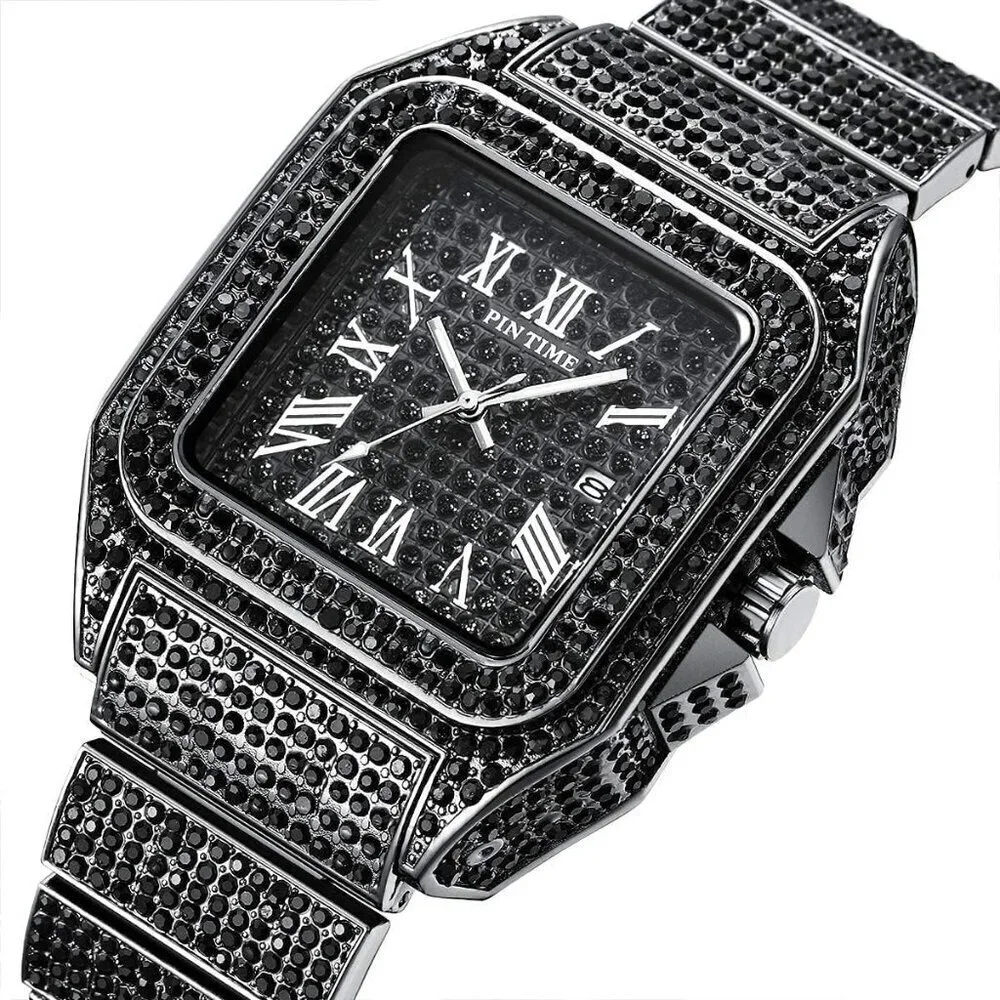 Men's Black Crystal Bling Rectangle Case Stainless Steel Quartz Analog Watch